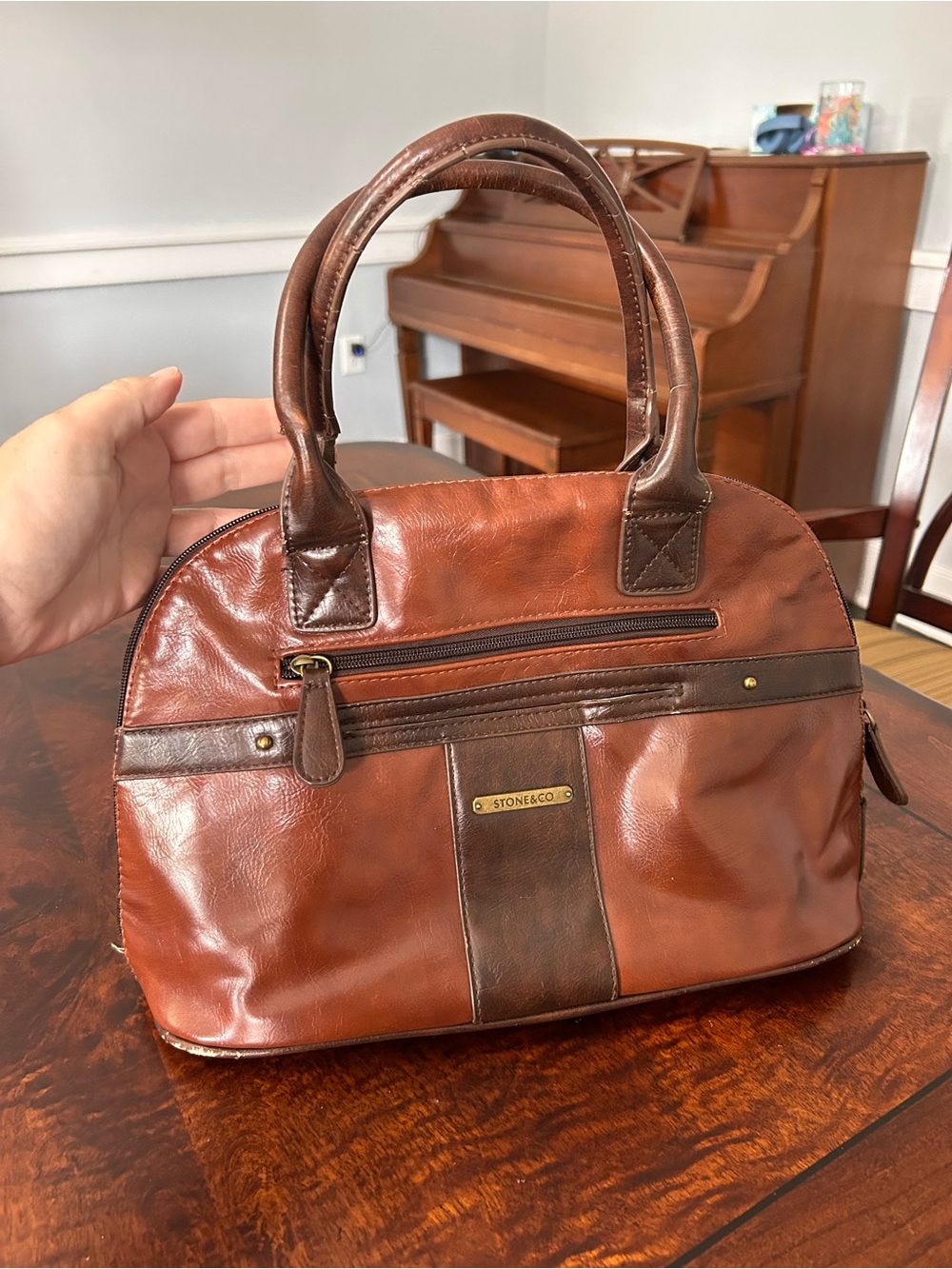 Stone & Co Womens Two Tone Brown Faux Leather Satchel Handbag Organizer Purse